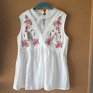 Embroidered Floral Cotton Sleeveless L Boho Peasant Top With Sheer Lace V-neck